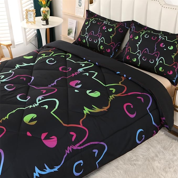 ENCOFT Cat Comforter Set Queen for Girls and Boys Premium 3 Piece Cats Bedding Set Black Comfortable and Breathable for Teens and Adults with 1 Comforter and 2 Pillowcases