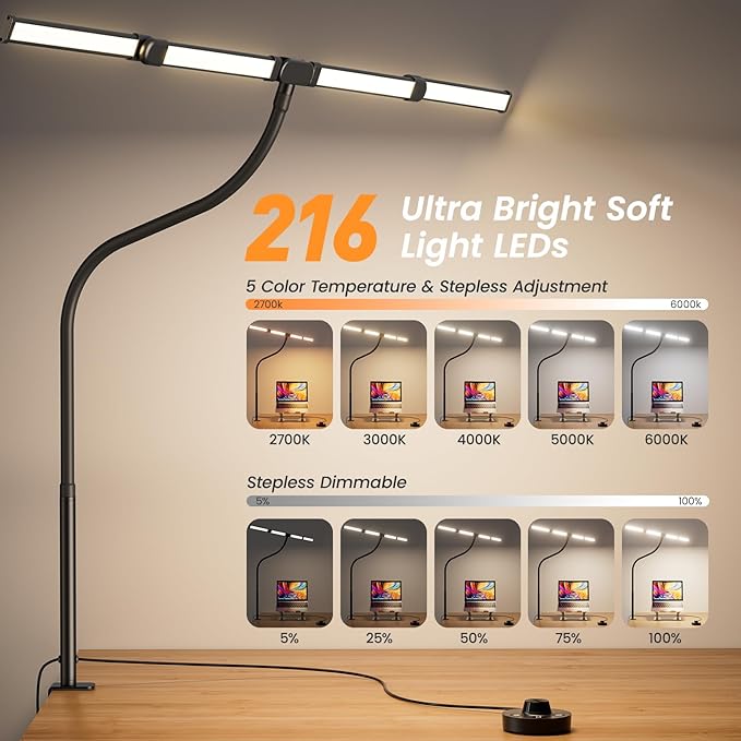 BOHON LED Desk Lamp for Home Office, 24W Architect Task Lamp with Clamp, Desktop Controller, 5 Color Stepless Dimming Table Light, Screen Computer Monitor Gooseneck Lamp for Reading Study Workbench