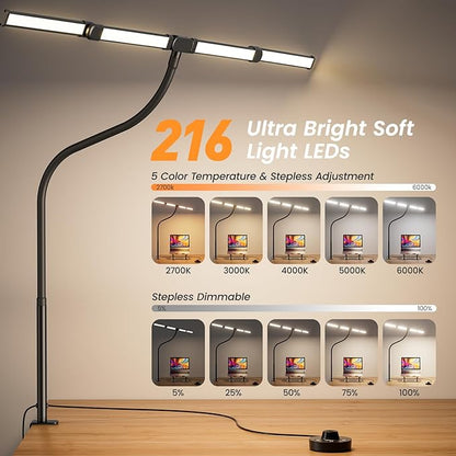 BOHON LED Desk Lamp for Home Office, 24W Architect Task Lamp with Clamp, Desktop Controller, 5 Color Stepless Dimming Table Light, Screen Computer Monitor Gooseneck Lamp for Reading Study Workbench