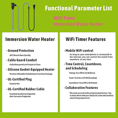 2000W Submersible Immersion Water Heater for Hot Tub & Pool – Portable Electric Heater with Wifi Timer Plug, and Auto Shut Off for Bathtub, Above Ground Pool, Baptism pool, and Baptistry