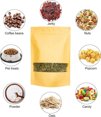 100 Pcs Kraft-Paper-Bags with Window, 5.5 x 7.9 inch Stand Up Zipper Pouches Bags, Zip Lock Food Storage Bag for Packaging Products, Reusable, Sealable