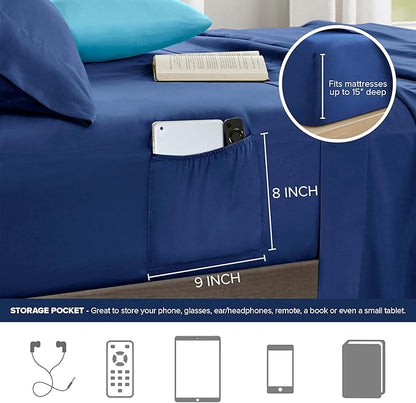 Comfort Spaces Full Comforter Sets with Sheets - Bed in a Bag 9 Pieces Teen Bedding Sets Full, Navy and Grey Stripes Bedding Full, College Full Bed Set, 2 Side Pocket Bedroom Organizer Full Navy