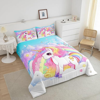 Manfei Cute Unicorn Kids Comforter Set Queen Size,Rainbow Stars Cloud Dreamy Bedding Set,Girls Women Room Decor,Cartoon Animals Castle Girly Down Comforter,Pink Blue Unique Duvet Insert,2 Pillowcases