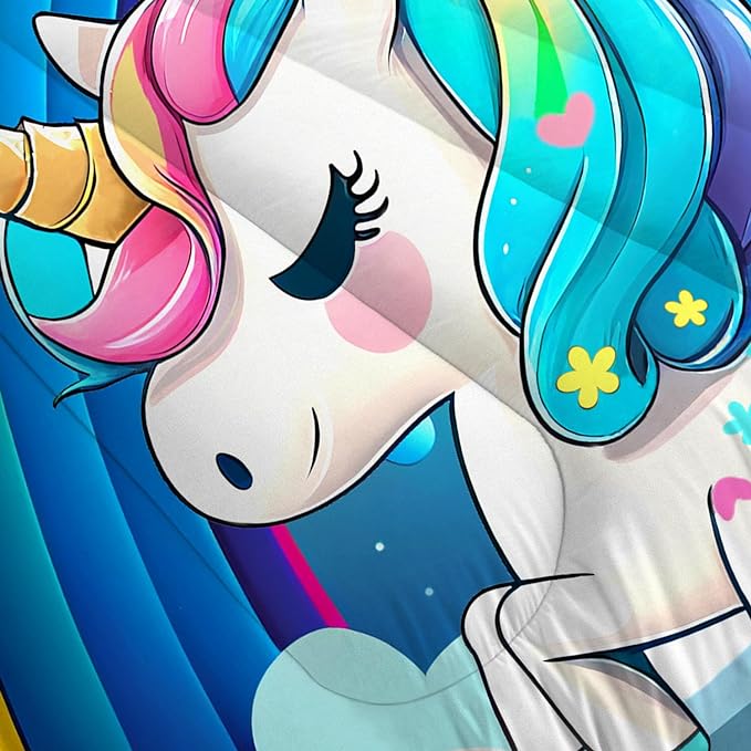 Unicorn Bedding Twin for Girls Rainbow Comforter Set for Kids Children Boys Teens Cartoon Unicorn Colorful Starry Blue Glitter Quilt 1 Comforter + 1 Pillow Case