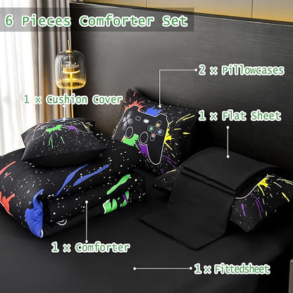 DORCAS Twin Size Gamer Comforter Set with Sheets for Boys,Game Console Black Bedding Set for Kids,6 Pieces Bedding Set Boys Colorful Graffiti Gaming Comforter,Sheets,Pillowcases (Black, Twin)