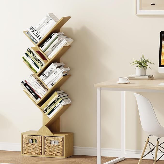 Vagusicc 6 Tier Tree Bookshelf - Retro Shelf Floor Standing Bookcase with Baskets, Tall Wood Book Storage Rack for Books/CDs, Tree Utility Book Organizer Shelves for Living Room, Home Office, Bedroom
