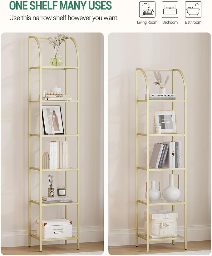 Bookcase Bookshelf, Tempered Glass Arched Bookshelf for More Storage, Slim Shelving Unit for Bedroom, Bathroom, Home Office, Steel Frame, 5 Tier Gold BC20599G