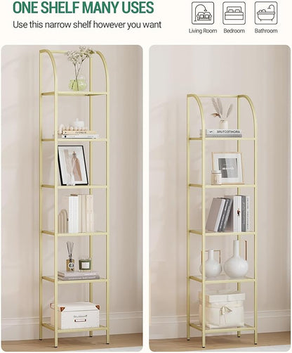Bookcase Bookshelf, Tempered Glass Arched Bookshelf for More Storage, Slim Shelving Unit for Bedroom, Bathroom, Home Office, Steel Frame, 5 Tier Gold BC20599G