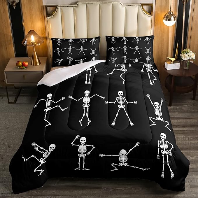 Erosebridal Sugar Skull Comforter Set Full Size Skeleton Bones Bedding Set for Kids Boys Girls Teens Adult Halloween Horror Theme Down Comforter Gothic Spooky Duvet Sets with 2 Pillow Cases
