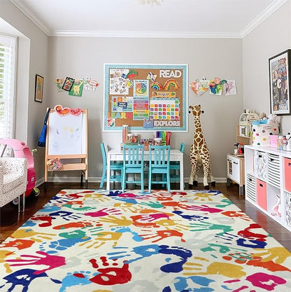 Large Kids Rug for Playroom, 8'x10' Handprints and Footprints Colorful Rug for Classroom, Non-Slip Washable Rug for Nursery, Soft Throw Carpet Indoor Playmat for Kids Room Dorm Bedroom
