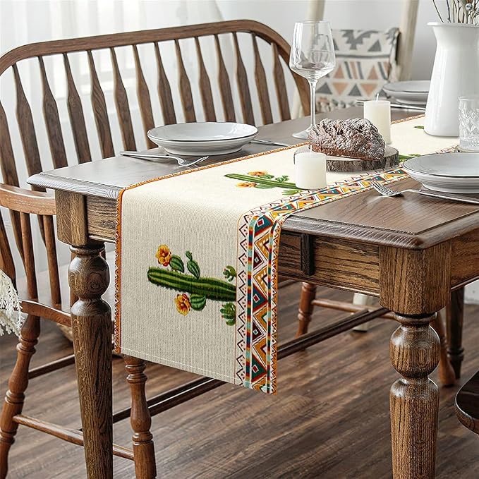 jejeloiu Green Cactus Table Runner,13" x 120" Boho Western Dresser Scarfs Aztec Decor Dresser Runners Southwestern Table Decor for Kitchen