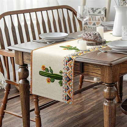 jejeloiu Green Cactus Table Runner,13" x 120" Boho Western Dresser Scarfs Aztec Decor Dresser Runners Southwestern Table Decor for Kitchen