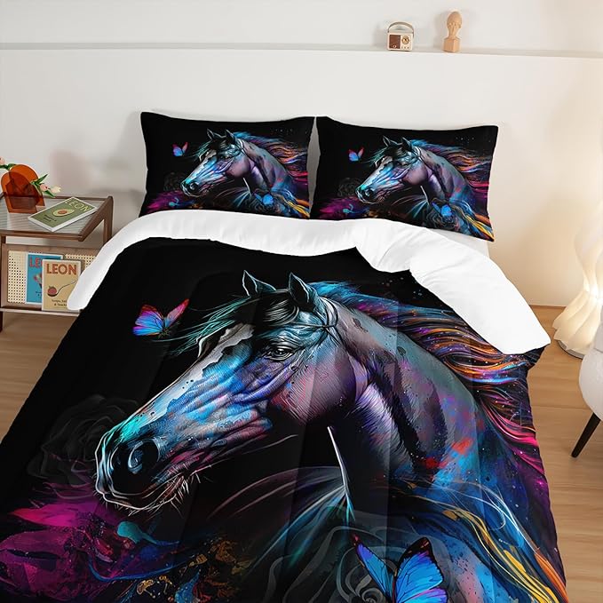 HOSIMA 3 Pieces Art Horse Comforter with 2 Pillowcases,Wildlife Horse Butterfly Black Comforter Set Boys Teens Aesthetic Room Decor,Animal Bedding King Size Comforter Set for adults.
