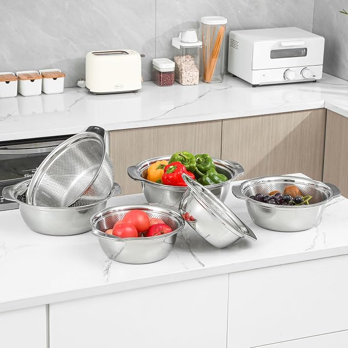 Paoli 304 Stainless Steel Fine Mesh Colander Set, 3.5QT Large Capacity Strainer with Mixing Bowl — Rinse Fruits, Veggies, Rice & Drain Pasta, Dishwasher Safe (2-Piece)