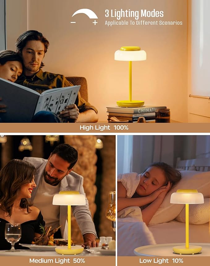 QiMH Battery Operated LED Table Lamp, 5000mAh Cordless Desk Lamp with 3 Level Brightness Touch Control, Mini Rechargeable Night Light for Living Room, Bedroom, Outdoor bar (Yellow)