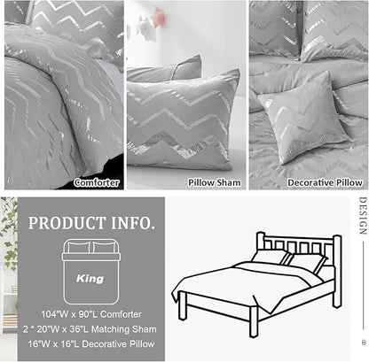 Grey and Silver Comforter Set King Size, Metallic Print Geometric Bedding Set, 4 Piece Lightweight Microfiber Comforter for Teen Girls Boys Women (2 Pillow Shams + 1 Decorative Pillow Sham)