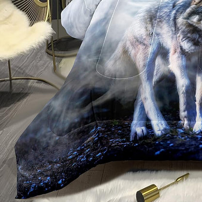 Bodhi Wild Wolf Comforter Set Twin for Boys,Mens Wolf Bedding Set, Wolf Standing in The Forest Surrounded by Fog, Wolf Comforter with Matching Pillowcases, 1 Comforter+1 Pillow Shams #4018