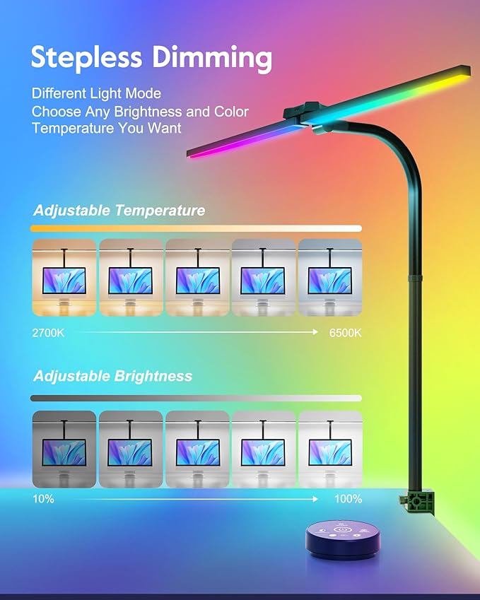 Brightown LED Desk Lamp with Clamp for Home Office, Double Head Color Changing Desk Lights with Remote, 24W Ultra Bright Multicolor Table Lamp with Rotatable Swing Arms for Gaming Computer, RGB Mode