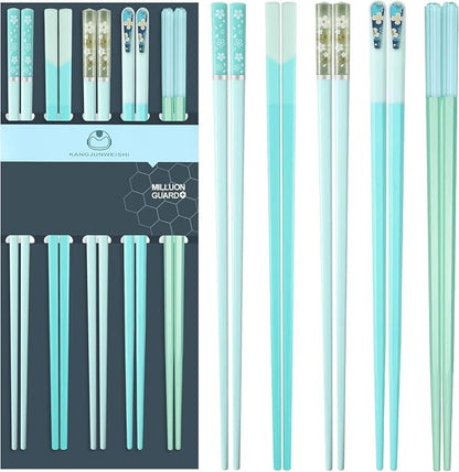 Chopsticks Reusable Dishwasher Safe, 9.57 inches Premium Non-slip Fiberglass Chop Sticks, Japanese Chinese Korean Chopstick for Party, Green, 5 Pairs