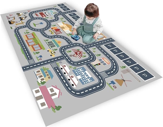 kid rug carpet playmat for toy cars and trains,road traffic kids play area rug,city Life town play Mat for Playroom Bedroom Boys,Children's Educational Fun Throw Rug with Rubber Backing 59X94IN
