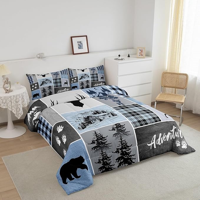 Manfei Deer Antler Comforter Set Full Size,Bear Paws Rustic Farmhouse Xmas Bedding Set for Kids Boys Girls Adults Room Decor,Plaids Patchwork Adventure Down Comforter,Blue Duvet Insert,2 Pillowcases