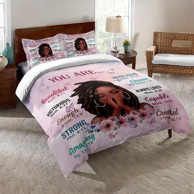 Kids Comforter Sets Full Size, Prayer Girl and African American Girl Inspirational Quotes with Floral Butterfly, Teens Bedding Sets for Girls Women (Full, Pink White)