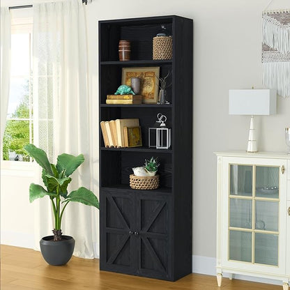oneinmil 6 Tier Bookshelf and Bookcase, Wooden Bookshelves with Cabinet Doors, Floor Bookshelves and Office Storage Cabinets for Home Office, Living Room,Black