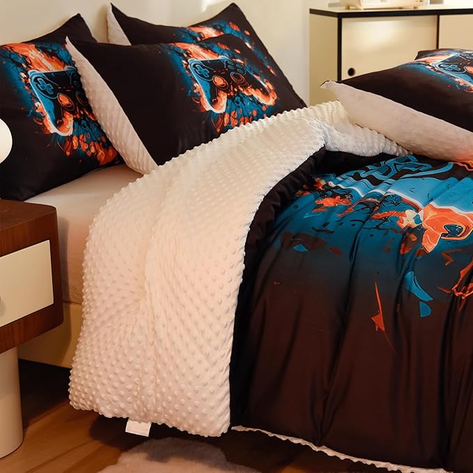 Video Game King Size Comforter Set for Boys Kids Teens Gamepad Gaming Controller and Fire Pattern Bedding Set- 3 Piece Quilt with 2 Pillowcases (104"x90")