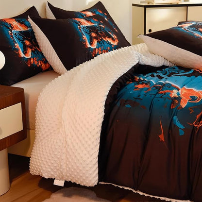 Video Game Twin Size Comforter Set for Boys Kids Teens Gamepad Gaming Controller and Fire Pattern Bedding Set- 3 Piece Quilt with 2 Pillowcases (68"x90")