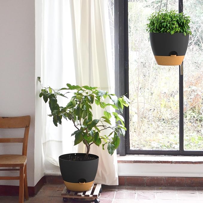 ZMTECH 12 Inch Hanging Planters for Indoor Outdoor Plants, 1 Pack Self Watering Hanging Plant Pots with Drainage Holes and Removable Saucer, Plastic Flower Hanging Pots with Watering Lip (Black)
