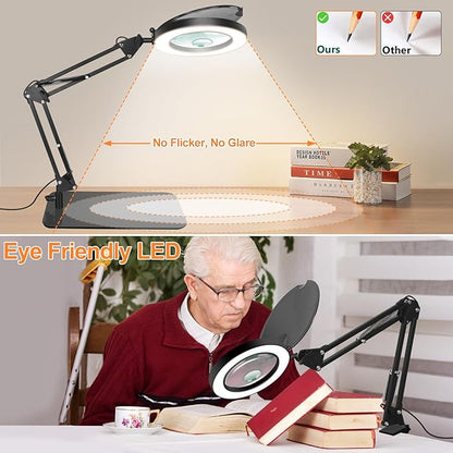Magnifying Glass with Light and Stand, 5X&10X Lighted Magnifying Glass with Dust Cover, 3 Colors Stepless Dimming Magnifying Lamp with Night and 30Min Timer Mode for Reading Hobby Craft Close Work