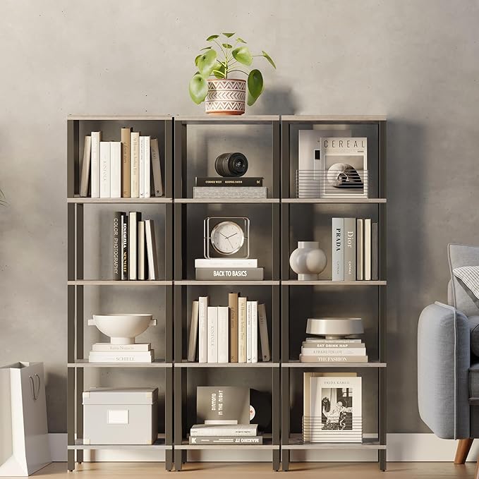 TUTOTAK Bookshelf, 5-Tier Tall Book Shelf, Narrow Bookcase for Small Space, DIY Stackable Bookshelf, for Living Room, Office, Study, Entryway, Industrial, Greige and Black BS01BG005