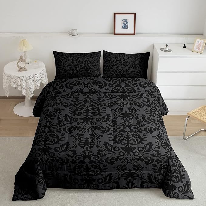 Erosebridal Adults Black Damask Bedding Set Antique Victorian Baroque Down Comforter Full Gothic Vintage Floral Comforter Set Bohemian Exotic Bedding Quilted Bedroom Decor 2 Pillow Cases