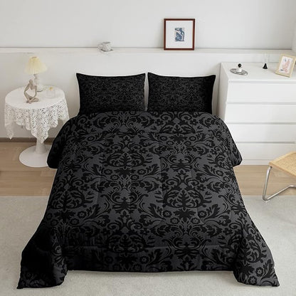 Erosebridal Adults Black Damask Bedding Set Antique Victorian Baroque Down Comforter Full Gothic Vintage Floral Comforter Set Bohemian Exotic Bedding Quilted Bedroom Decor 2 Pillow Cases