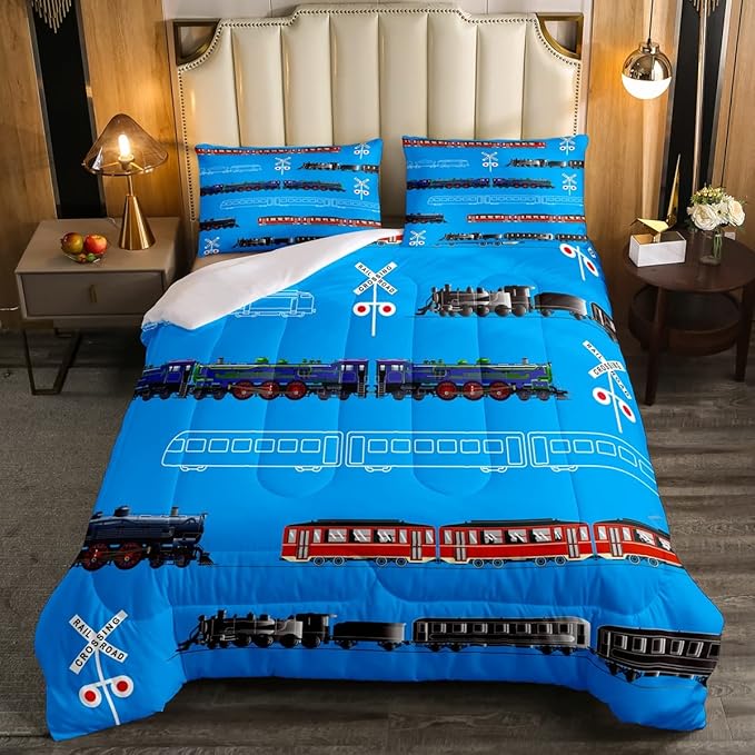 Feelyou Train Kids Boys Comforter Set Retro Steam Engine Toddler Bedding Set for Teens Railway Track Transport Comforter Red Blue Black Decor Quilt Set Room 3Pcs Queen Size