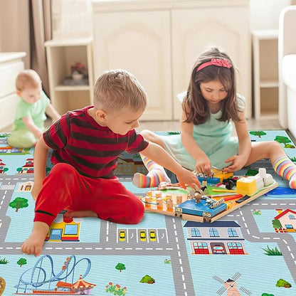 Kids Car Rug,4x6 City Life Traffic Road Playmat for Toy Cars Trains, Non-Slip Race Track Carpet Educational Fun Area Rugs for Boy and Girl Bedroom Nursery