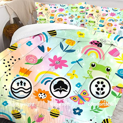 Rainbow Comforter Sets Twin Size Cartoon Floral Frogs Bedding Set for Girls Kids Children Boys Butterfly Flowers Bees Insects Cute Kawaii Quilt 1 Comforter + 1 Pillow Case