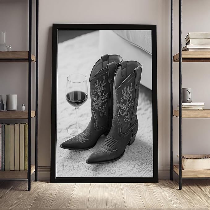 Cowboy Boots And Red Wine, Western Aesthetic, Black And White, Modern Fashion Poster Canvas Poster Wall Art Decor Print Picture Paintings for Living Room Bedroom Decoration Black Frame 12x18in(30x45cm