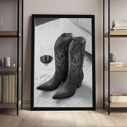 Cowboy Boots And Red Wine, Western Aesthetic, Black And White, Modern Fashion Poster Canvas Poster Wall Art Decor Print Picture Paintings for Living Room Bedroom Decoration Black Frame 12x18in(30x45cm