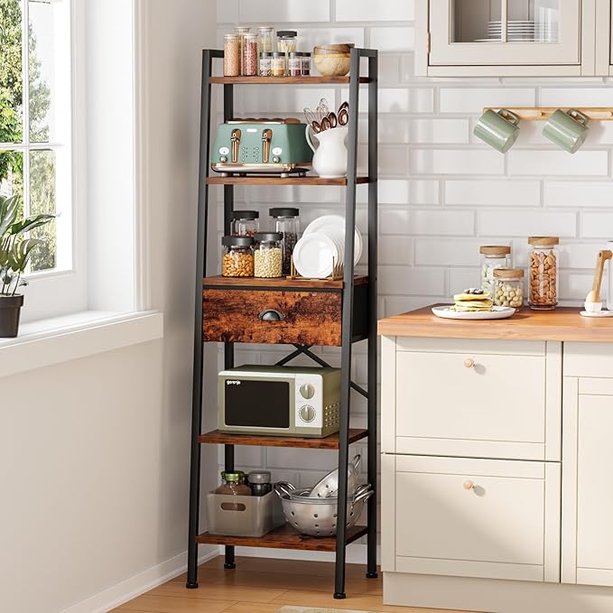 Furologee 5 Tier Ladder Shelf with Drawer, Tall Bookshelf Storage Shelves, Bookcase Standing Shelf Units, Industrial Open Display Shelves Organizer for Bedroom, Living Room, Kitchen, Rustic Brown…
