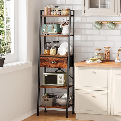 Furologee 5 Tier Ladder Shelf with Drawer, Tall Bookshelf Storage Shelves, Bookcase Standing Shelf Units, Industrial Open Display Shelves Organizer for Bedroom, Living Room, Kitchen, Rustic Brown…