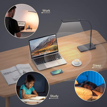 KEXIN LED Desk Touch Lamp with Wireless Charging & USB Charging Table Lamp 5 Color Modes 6 Brightness Levels Eye-Caring Gooseneck Desk Lamp for Home Office with Memory Function 1h Timer Bedside Lamp