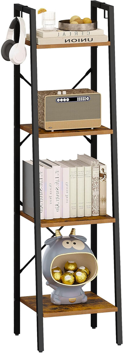 Ladder Shelf, Bookshelf Bookcase, Freestanding Corner Storage Shelve with 2 Hooks for Home Office, Living Room, Kitchen, Bedroom, Industrial, 4-Tier Rustic Brown BC13201B