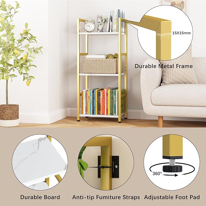 Bookshelf Storage Shelf Bookcase, 3 Tier Industrial Bookcase,Small Book case for Living Room, Bedroom, and Home Office, Easy Assembly Free Combination Multi-Functional Organizer(3 Tier,Gold)