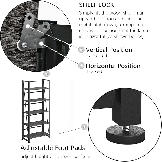No-Assembly Folding Bookshelf Storage Shelves 5 Tiers Vintage Multifunctional Plant Flower Stand Storage Rack Shelves Bookcase for Home Office (Gray and Black)