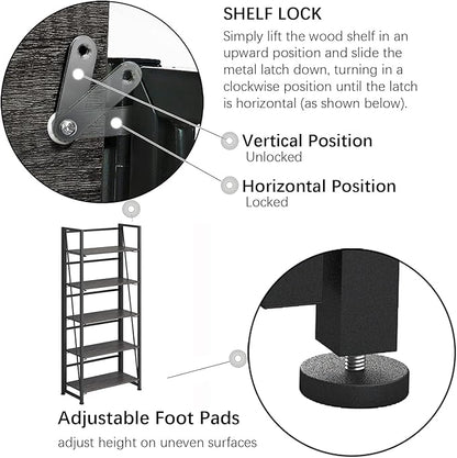 No-Assembly Folding Bookshelf Storage Shelves 5 Tiers Vintage Multifunctional Plant Flower Stand Storage Rack Shelves Bookcase for Home Office (Gray and Black)