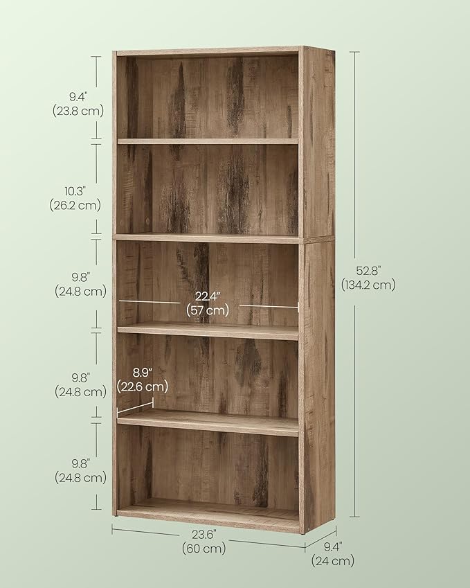 VASAGLE Bookshelf, 23.6 Inches Wide, 5-Tier Open Bookcase with Adjustable Storage Shelves, Floor Standing Unit, Camel Brown ULBC165T50
