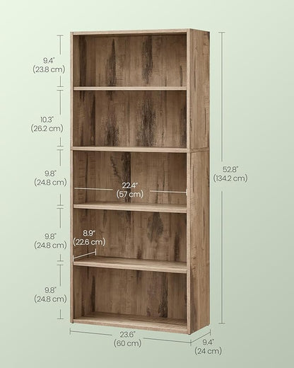 VASAGLE Bookshelf, 23.6 Inches Wide, 5-Tier Open Bookcase with Adjustable Storage Shelves, Floor Standing Unit, Camel Brown ULBC165T50