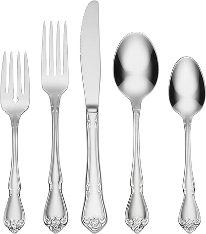 Oneida True Rose 45 Piece Everyday Flatware, Service for 8, 18/0 Stainless Steel, Silverware Set, Silver