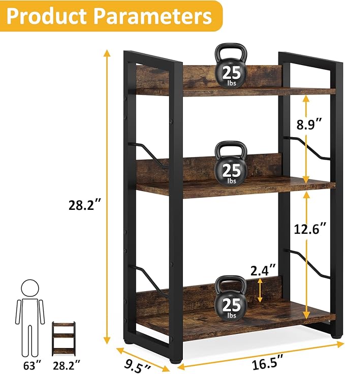 Book Shelf Small Bookshelf: 3-Tier Wood Bookcase Industrial Bookshelf with Edge Protection Metal Narrow Bookshelves Storage Organizer Display Rack for Bedroom Home Office (Rustic Brown)